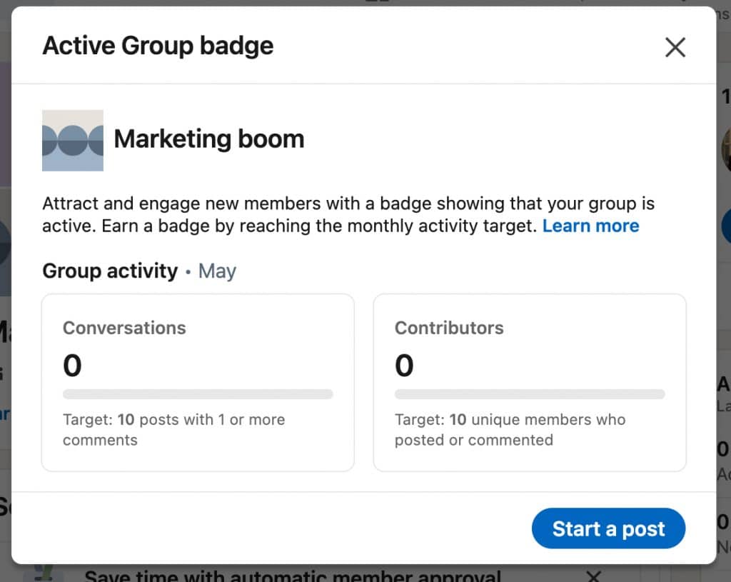 How to create a LinkedIn group - active group badge