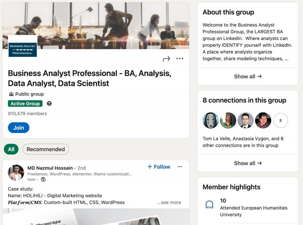 Professional groups on LinkedIn - Business Analysis Professionals