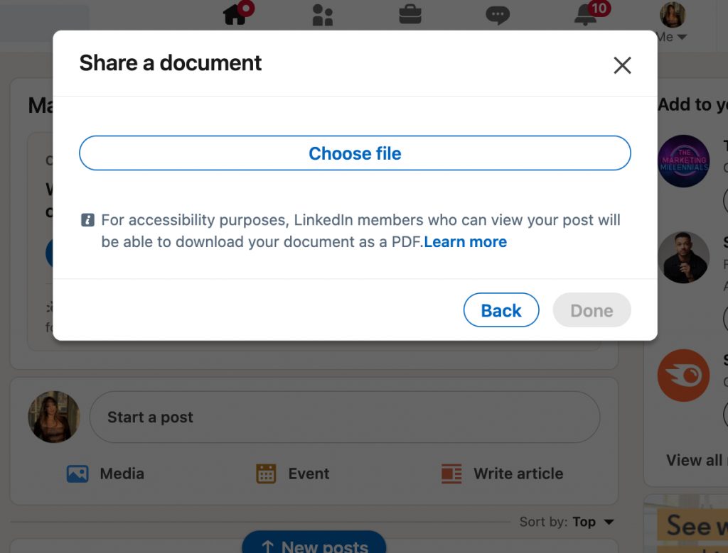 How to create a carousel post on LinkedIn - Choose a PDF File