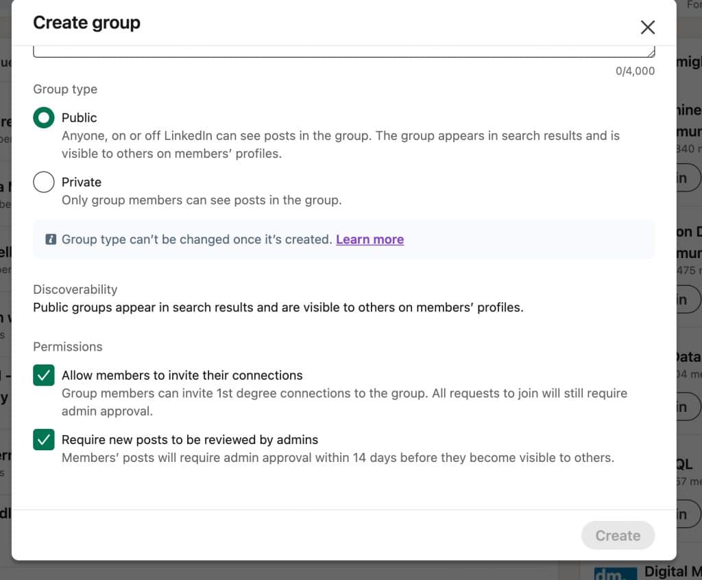 How to create a LinkedIn group - privacy settings