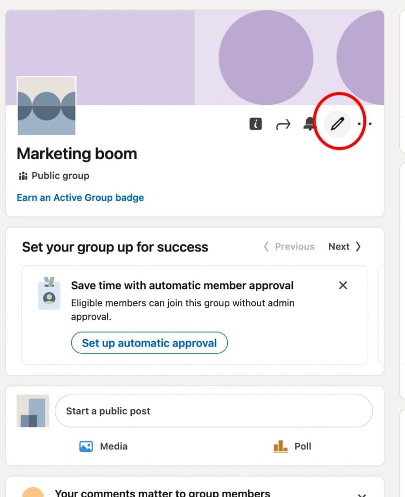 How to delete a LinkedIn group - screenshot of the edit icon