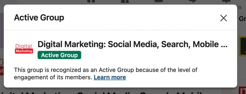 How to create a LinkedIn group - active group badge example in the interface