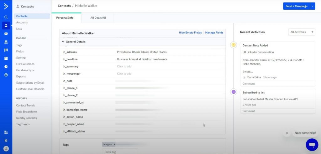 CRMs that integrate with LinkedIn - ActiveCampaign interface