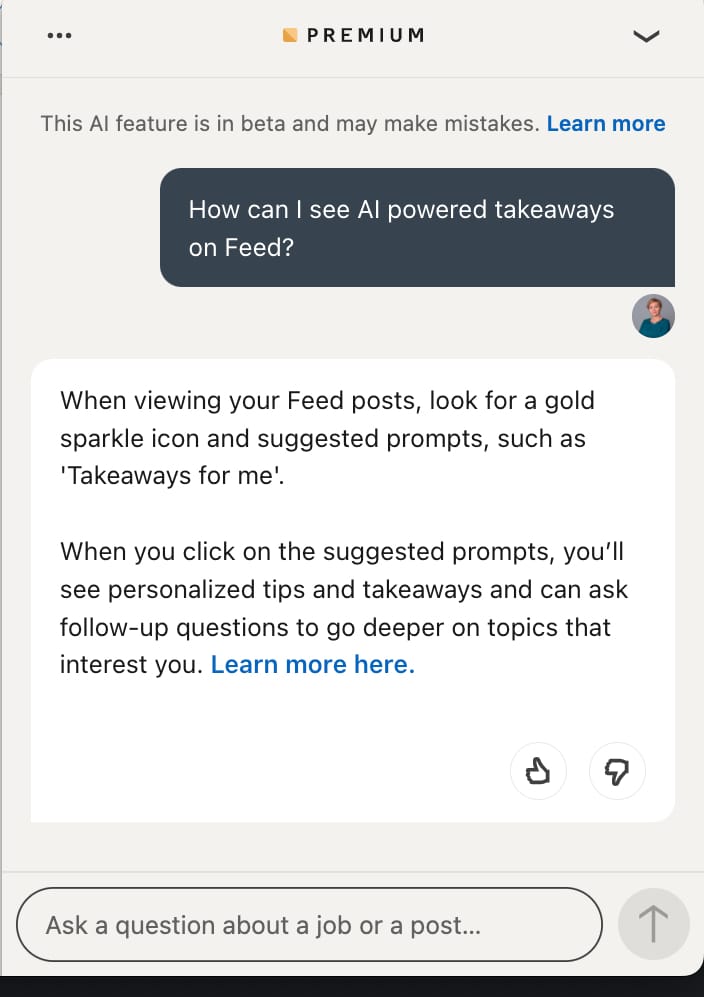 LinkedIn Takeaways from posts in the interface - chat window