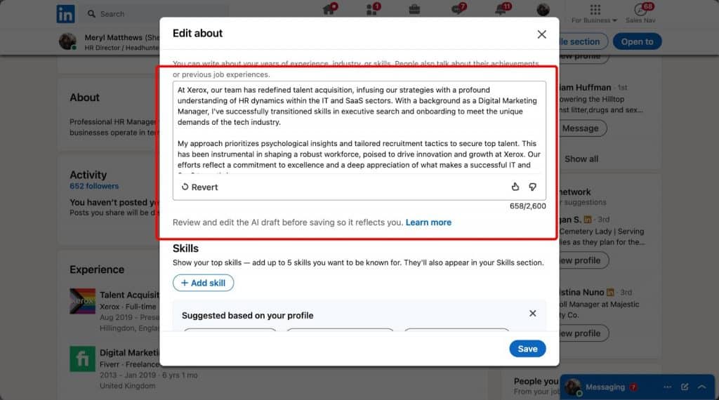 AI LinkedIn profile optimizer - screenshot of the summary text field