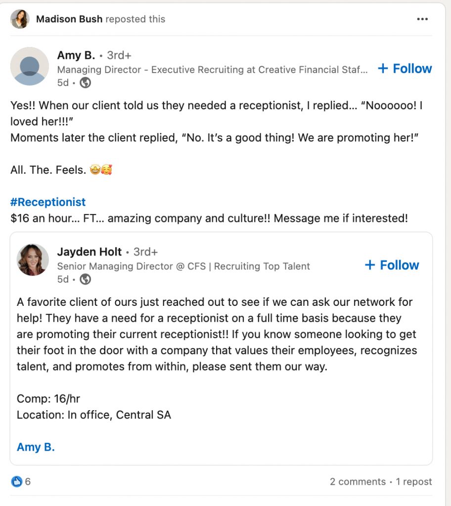 What to comment on a LinkedIn job post - example of repost and comment