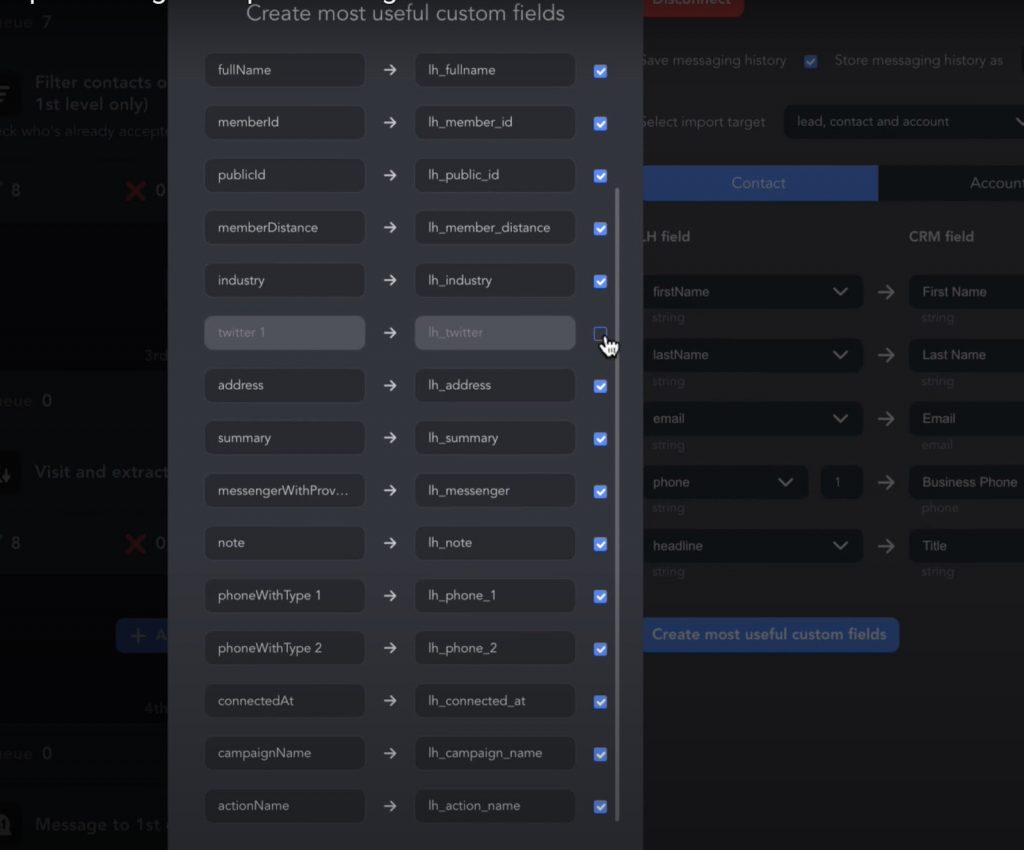 CRMs that integrate with LinkedIn - workflow example, field settings in the Linked Helper window