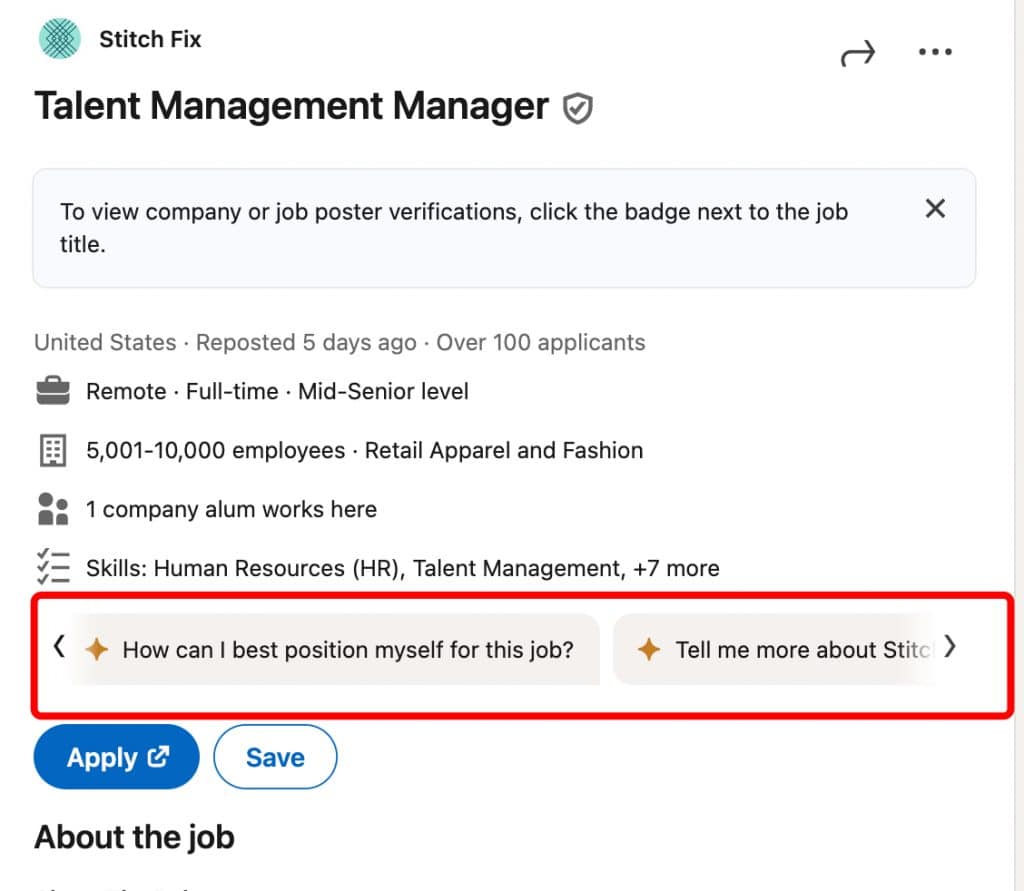 Job Recommendations - AI buttons in the interface