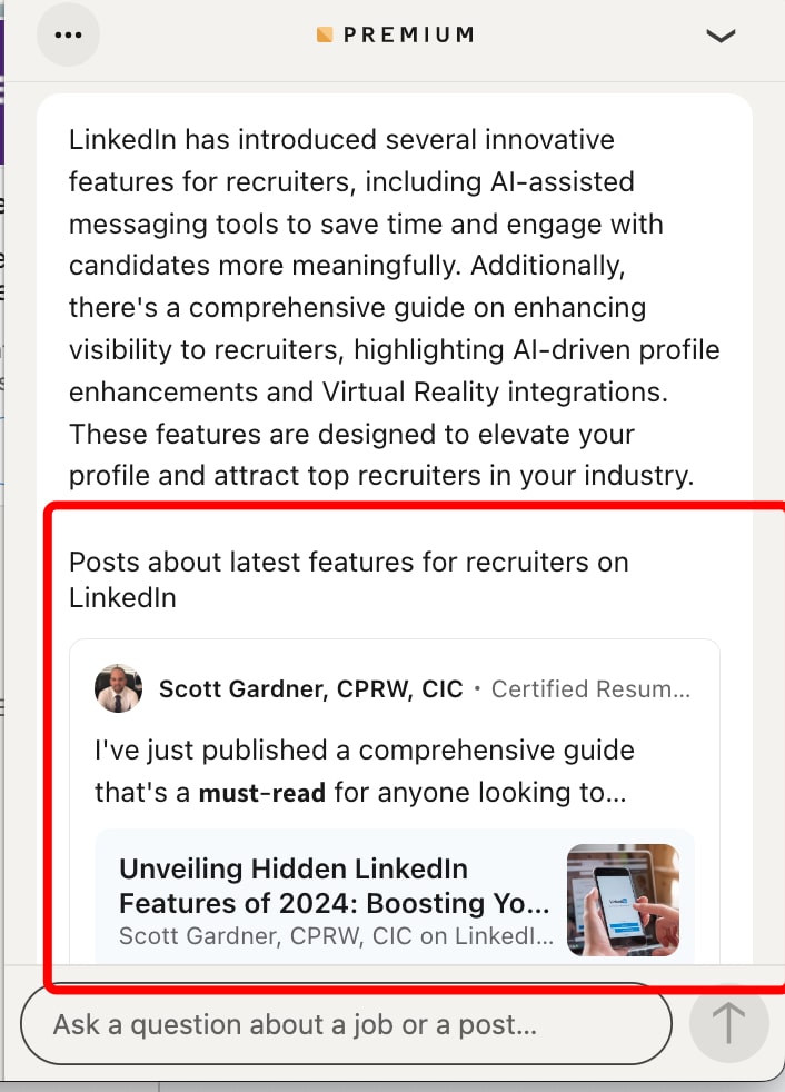 LinkedIn Takeaways from posts in the interface - chat window with source links