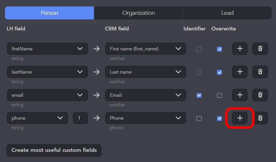 CRMs that integrate with LinkedIn - workflow example, field settings for integration