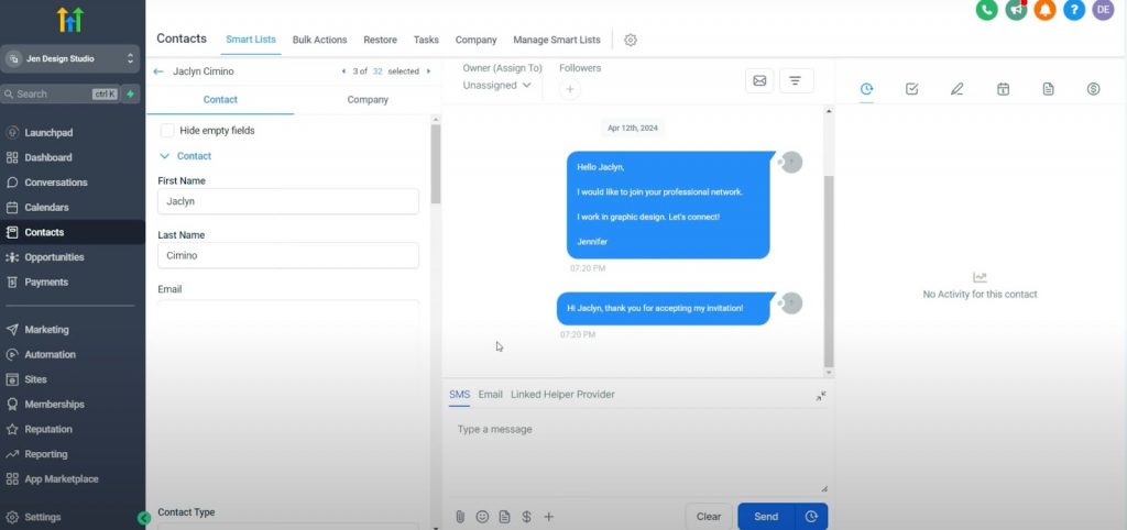 CRMs that integrate with LinkedIn - example of chat in HighLevel CRM