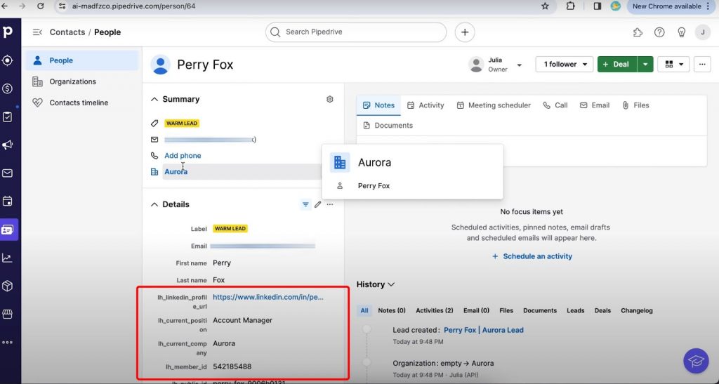 CRMs that integrate with LinkedIn - example of Pipedrive integration