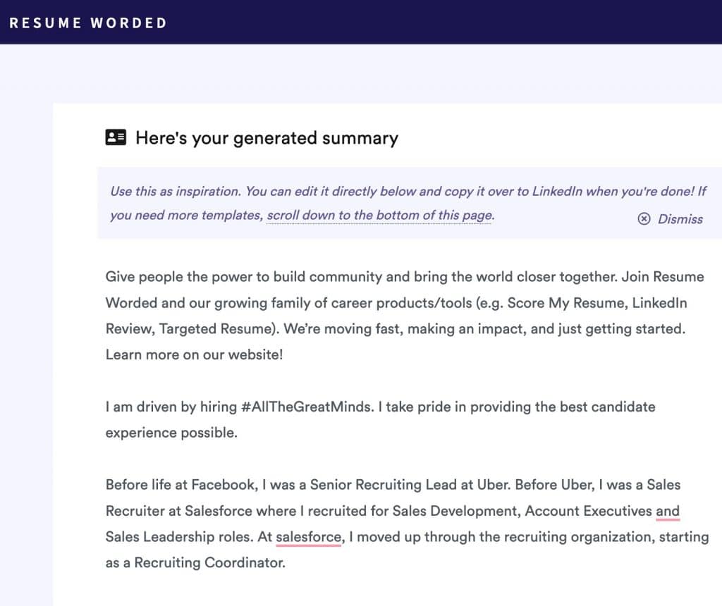 LinkedIn summary generator - Resume Worded