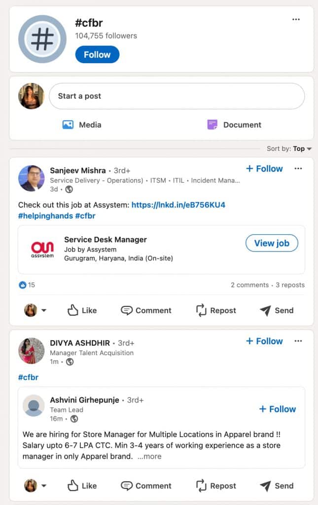 Screenshot of the hashtag page "CFBR" on LinkedIn.