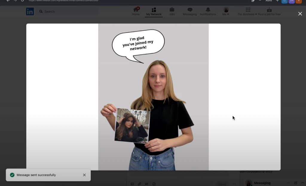 Screenshot of a LinkedIn message with a custom photo.