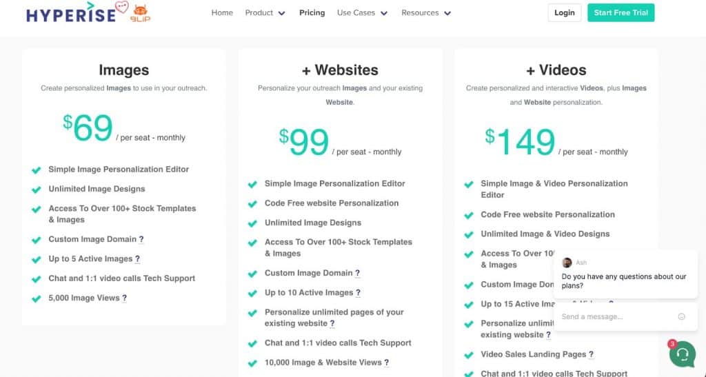 Pricing for Hyperise subscription services.