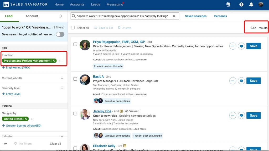 Screenshot of Open to Work results in Sales Navigator by Boolean search and function