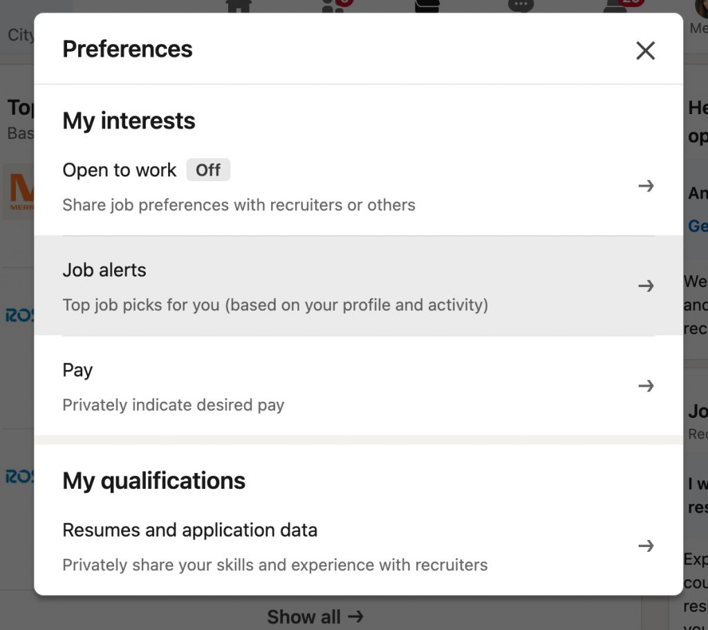 Screenshot of job search settings.