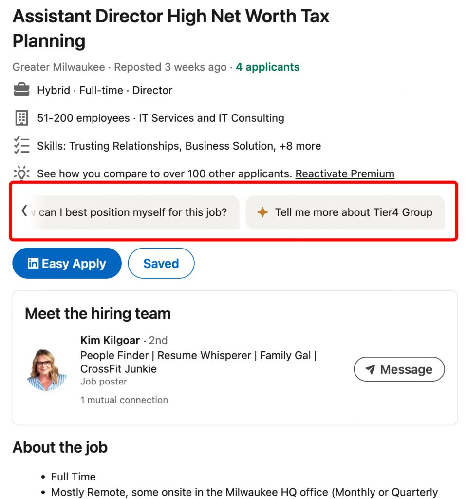 Screenshot of AI recommendation for applying to a job.