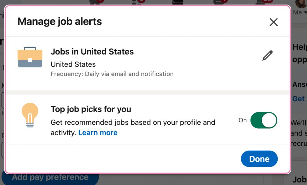 Screenshot of top picks job search settings.