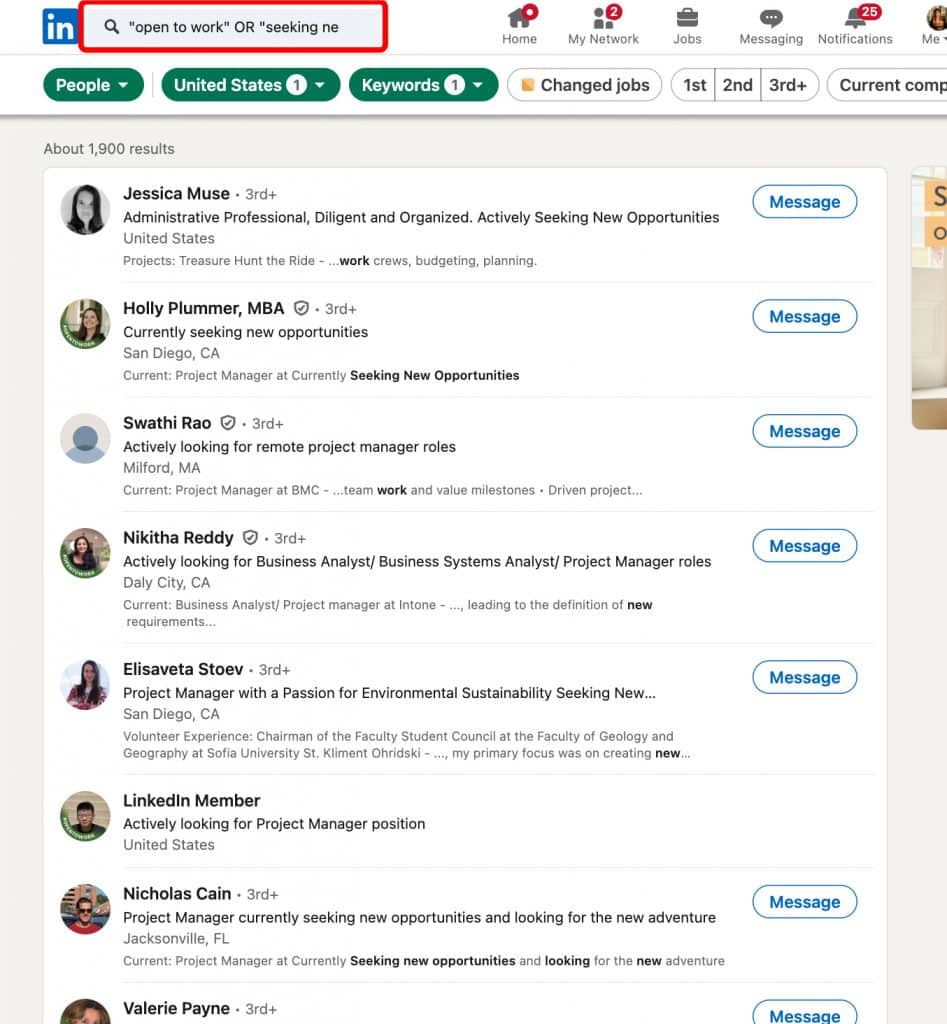 Screenshot of Open to Work results in basic LinkedIn with search.
