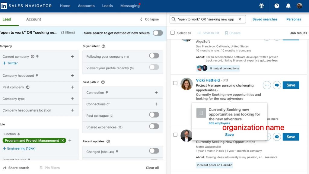 Screenshot of Open to Work results in Sales Navigator for job seekers by organization.