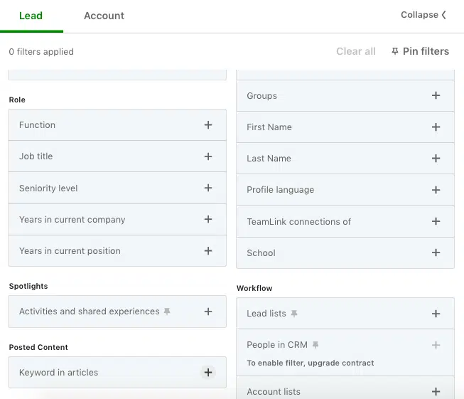 Filters interface in Sales Navigator 