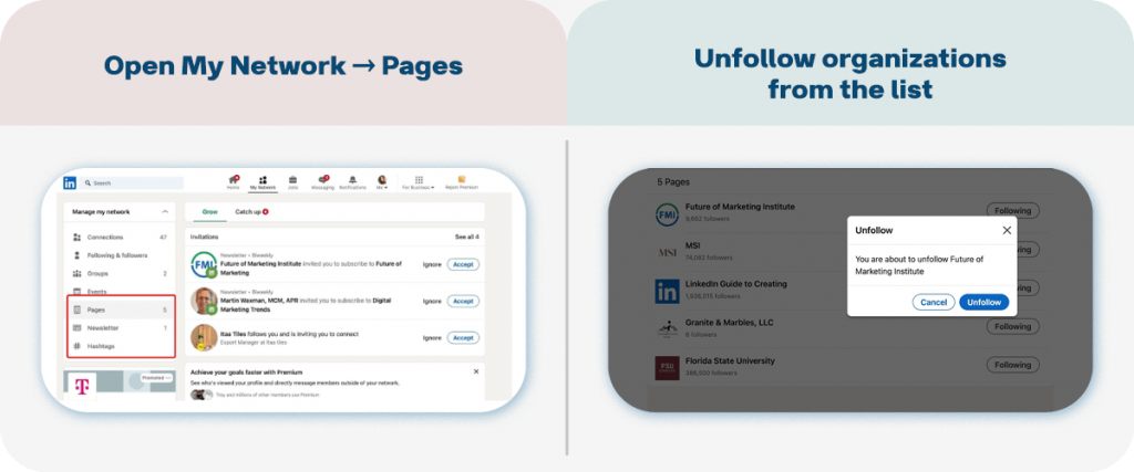 how to unfollow organizations from the list