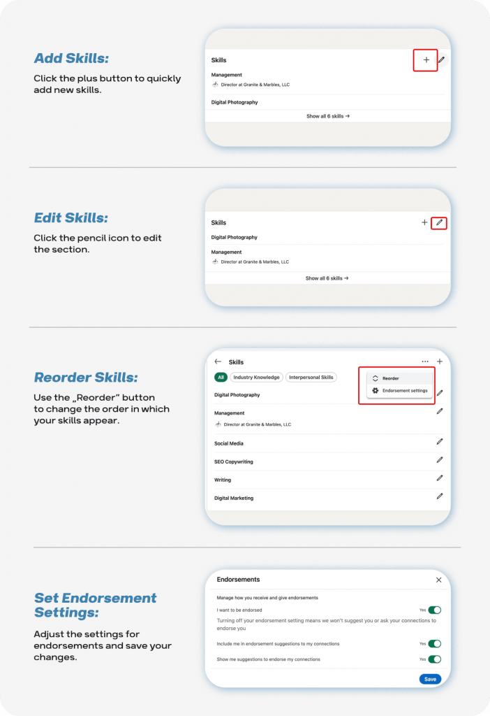 edit and reorder skills in LinkedIn
