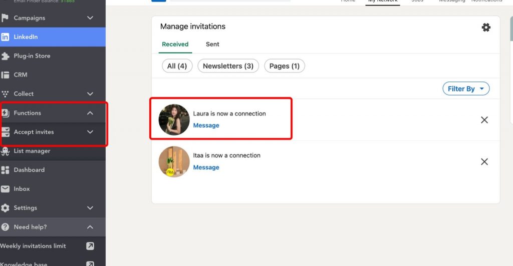 Automate accepting LinkedIn invites in Linked Helper menu results.