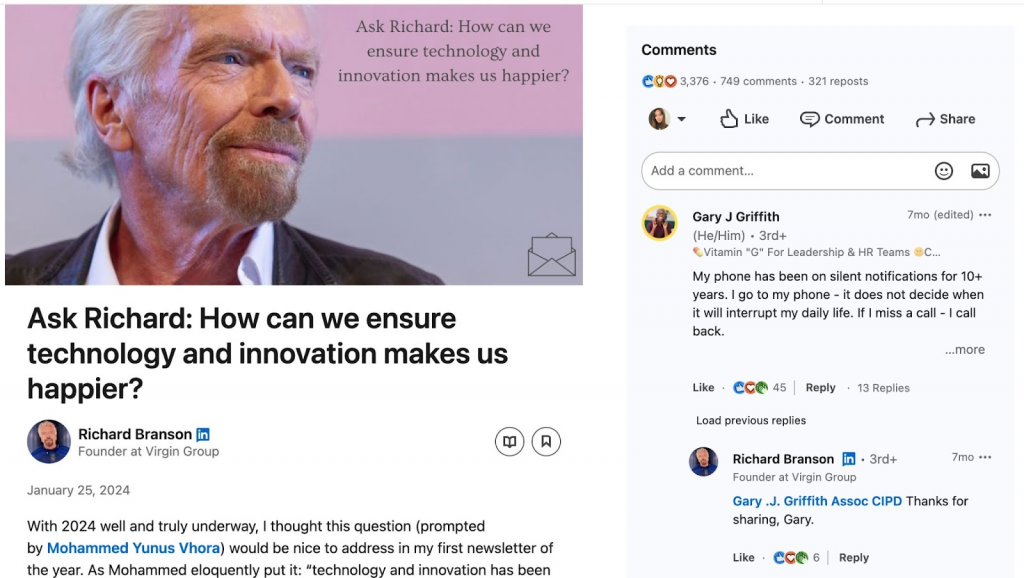 Richard Branson’s Article - Examples of LinkedIn Articles