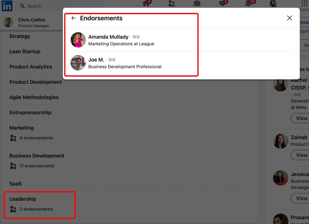 Screenshot of endorsed skills in a profile from real users