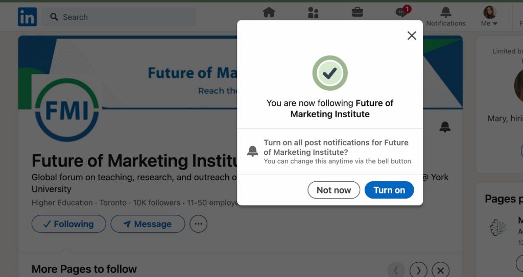 How to follow - unfollow a business page - LinkedIn menu screenshot.