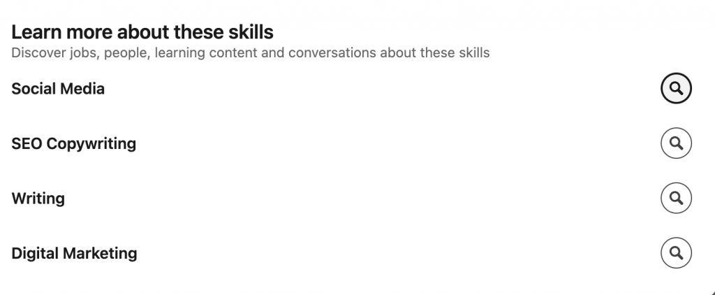 Screenshot of the list of skills and search results for them