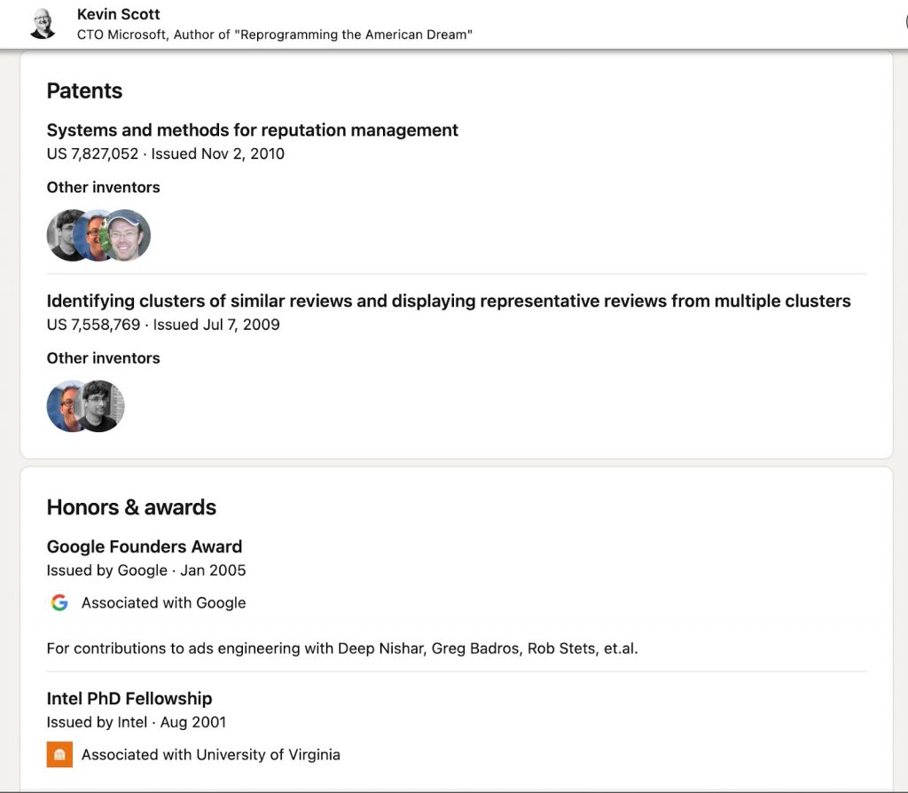 Use LinkedIn for personal branding - examples of using patents and awards in a profile