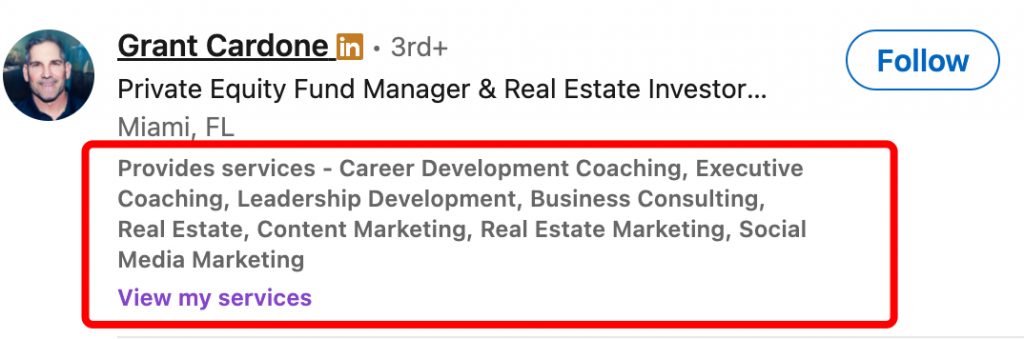 Use LinkedIn for personal branding - example of using the services section