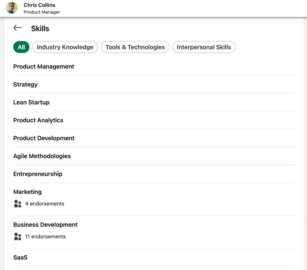 Screenshot of skills displayed by category in a LinkedIn profile