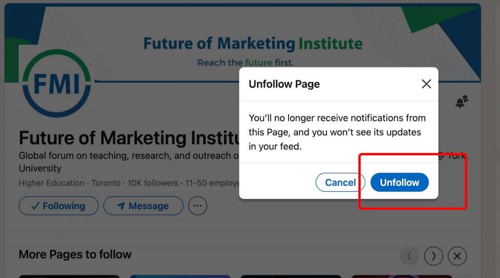 How to unfollow a business page - LinkedIn menu screenshot.