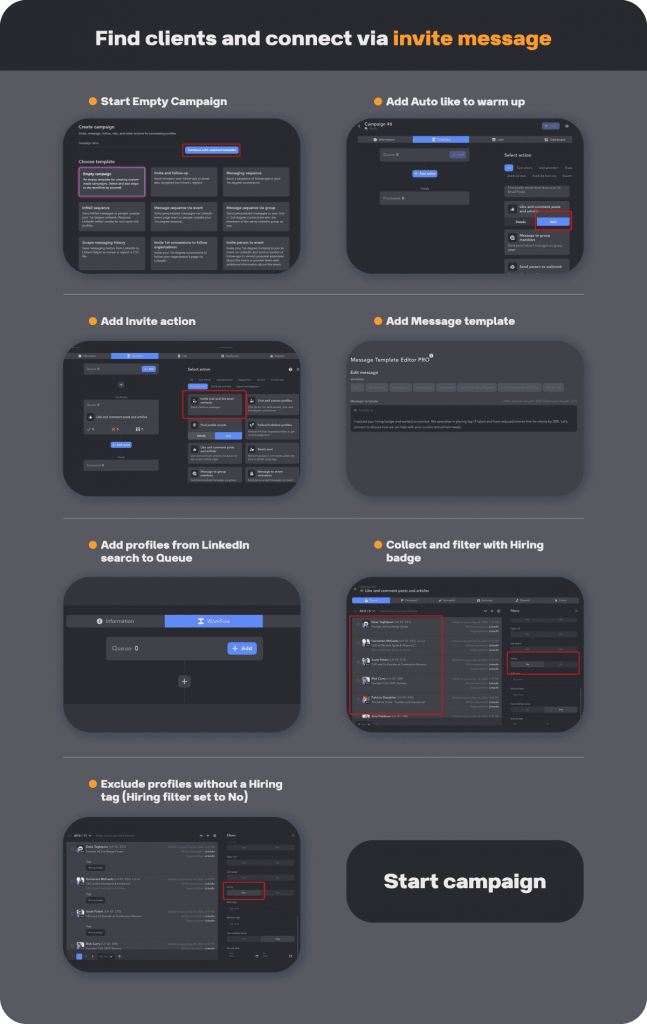 find hiring clients via invite message Linked Helper campaign