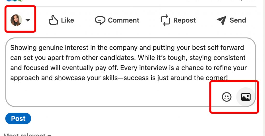 Example of a LinkedIn post with a comment featuring emojis and a photo