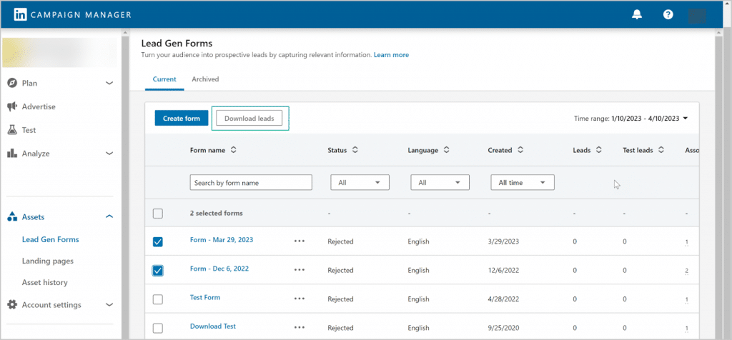 how to download leads in the LinkedIn lead gen form Example display.