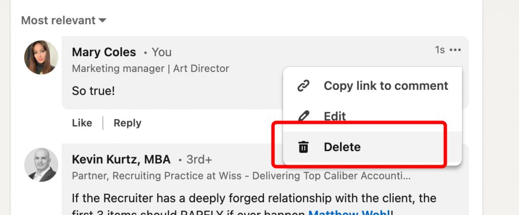 LinkedIn comment how to delete comments on LinkedIn