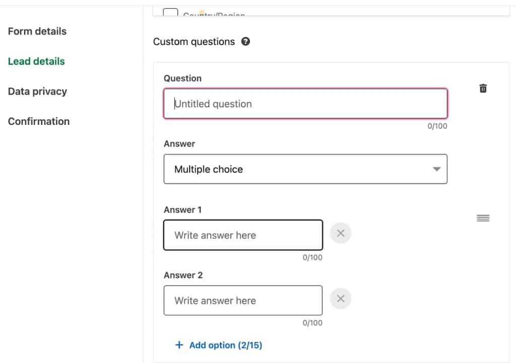 lead details lead gen form question