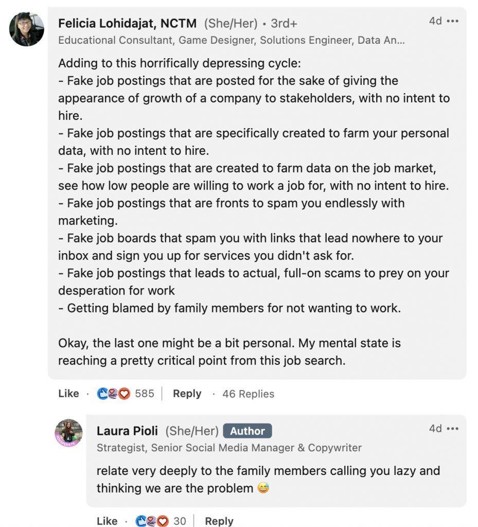 LinkedIn comment example of a post about job search struggles