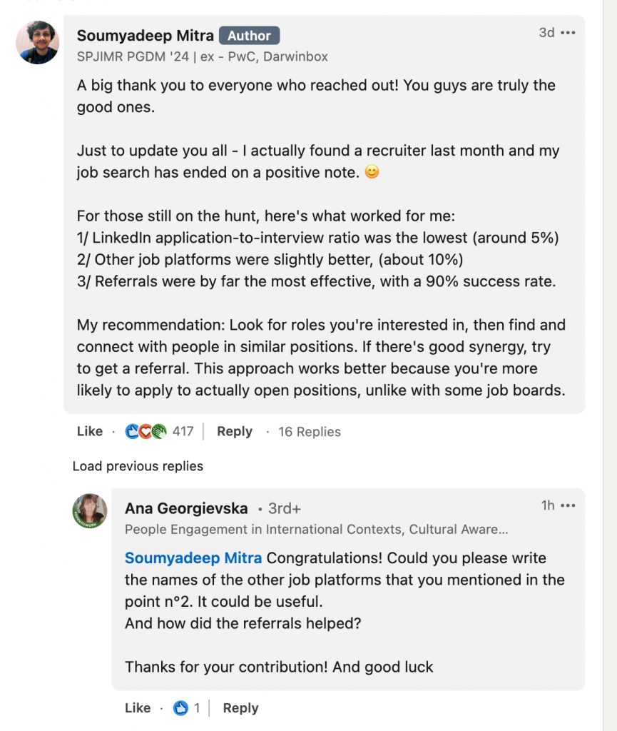 LinkedIn comment example - comment under your post as a reply