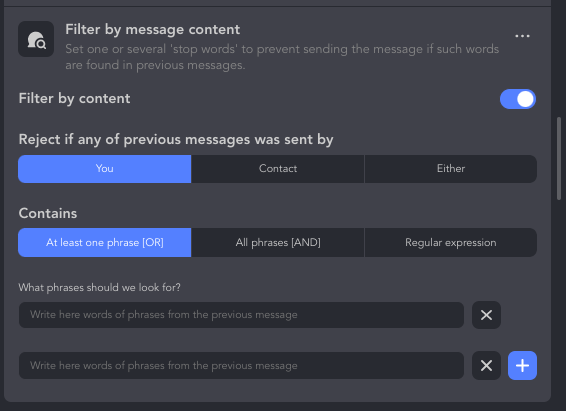 Screenshot - filter by message content in Linked Helper