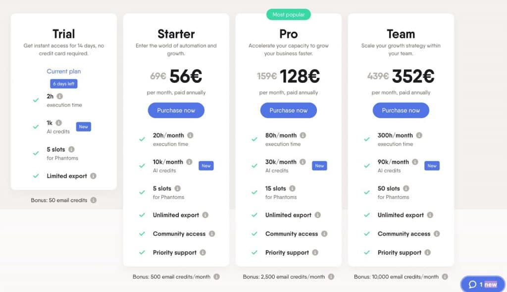 Linked Helper vs. PhantomBuster - pricing screenshot