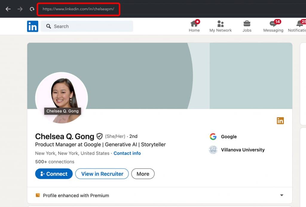 A LinkedIn URL example showing a name with an abbreviation for the job title