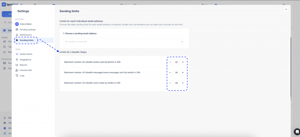 Linked Helper vs. lemlist: Limit configuration menu