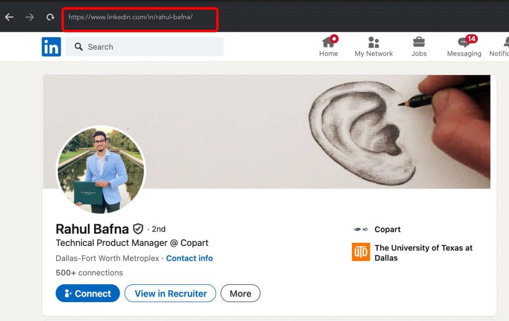 A LinkedIn URL example showing a name with an abbreviation for the job title